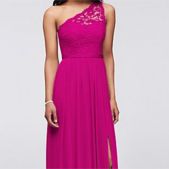 David's Bridal Long One Shoulder Lace Dress Begonia Pink Size 8 NEW - Picture 1 of 8